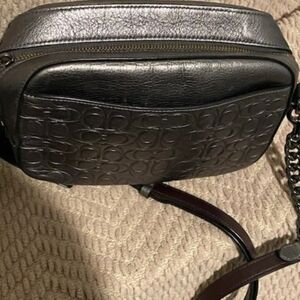 Coach Signature Metallic Embossed Camera crossbody bag purse Graphite silver